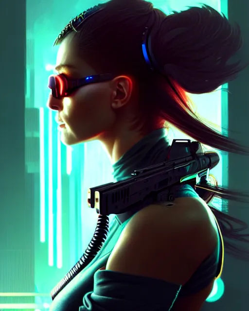 Prompt: cyberpunk synth, hyper - realistic portrait of a female hunter, dynamic wavy hair, dynamic body anatomy, detailed designs, digital painting, 4 k, by ilya kuvshinov, by greg rutkowski, atmospheric lighting