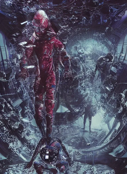 Image similar to astronauts in the dark infinite underwater void - complex and hyperdetailed technical suit, fabric material. reflection and dispersion materials. rays and dispersion of light. volumetric light. wide angle, f / 3 2. noise film photo. flash photography. ultra realistic, wide angle. poster by wayne barlowe, hajime sorayama aaron horkey, craig mullins