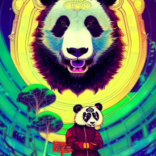 Image similar to a beautiful hyperdetailed character design 4 k wallpaper illustration of a cute panda with a chinese lion dance head victo ngai cyberpunk style, from china, style of studio ghibli, makoto shinkai, raphael lacoste, louis comfort tiffany, artgerm, james jean, ross tran, chinese style