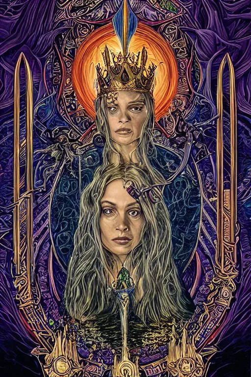 Prompt: beautiful tarot card of the queen of lord of the rings by dan mumford and carol bak and alex grey, oil on canvas, intricate, symmetrical, portrait, 8k highly professionally detailed, HDR, CGsociety