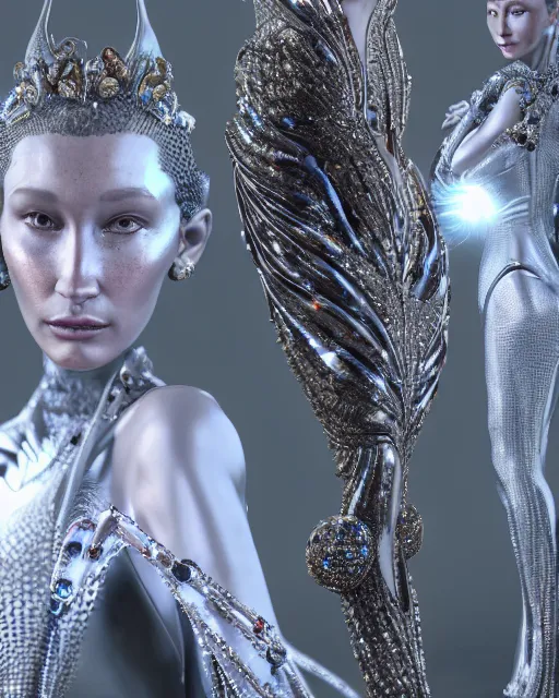 Prompt: a highly detailed metahuman 4 k close up render of an alien goddess bella hadid monument vampire in iris van herpen dress schiaparelli in diamonds crystals swarovski and jewelry iridescent in style of alphonse mucha gustav klimt trending on artstation made in unreal engine 4