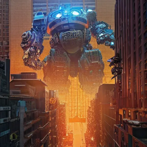 Prompt: a beautiful hyperrealistic ultradetailed 3D render of a gigantic fat rotund mecha standing in the city, by brian sum and stephen martiniere and Antonio Manzanedo. mech, dragon, unreal engine, octane render, PBR, 3D, brilliantly colored, intricate, wide angle, volumetric lighting, polished, path tracing