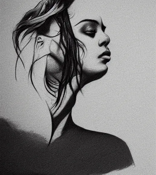 Image similar to a beautiful woman face against a background mighty mountains, tattoo design sketch, amazing blend effect, hyper - realistic, in the style of matteo pasqualin, amazing detail, black and white