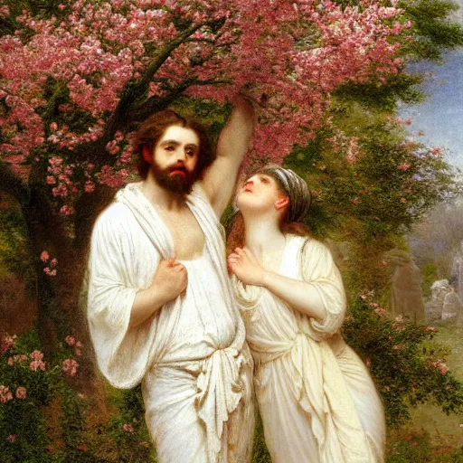 Image similar to Springtime, by Pierre-Auguste Cot, depicting two men in love dressed in white robes