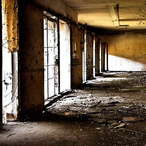 Prompt: the backrooms, the eerie forlorn atmosphere of a place that's usually bustling with people but is now abandoned and quiet