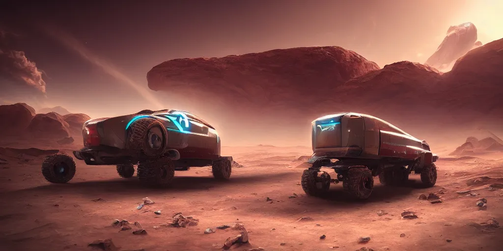 Image similar to tesla cybertruck rolling on mars 3 d concept art, anime, dust around, big planet venus backdrop, cinematic lighting, intricate details, octane rendering, trending on artstation, featured on behance