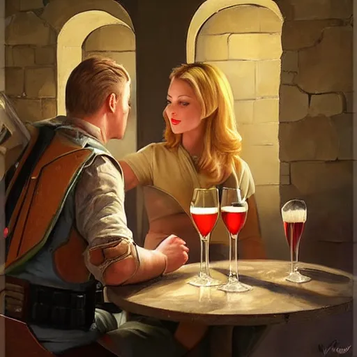 Image similar to (Boba Fett) and a beautiful young blonde drinking beer in a wine cellar, food, meat, schnapps, torches on the wall, romantic, inviting, cozy, painting by Vladimir Volegov