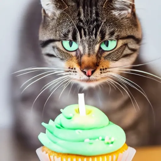 Image similar to a cute cat blowing out a candle on a cupcake