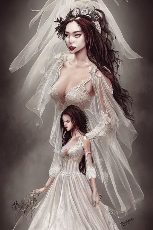 Image similar to Demonic Wedding Dress with lace portrait by Artgerm and WLOP