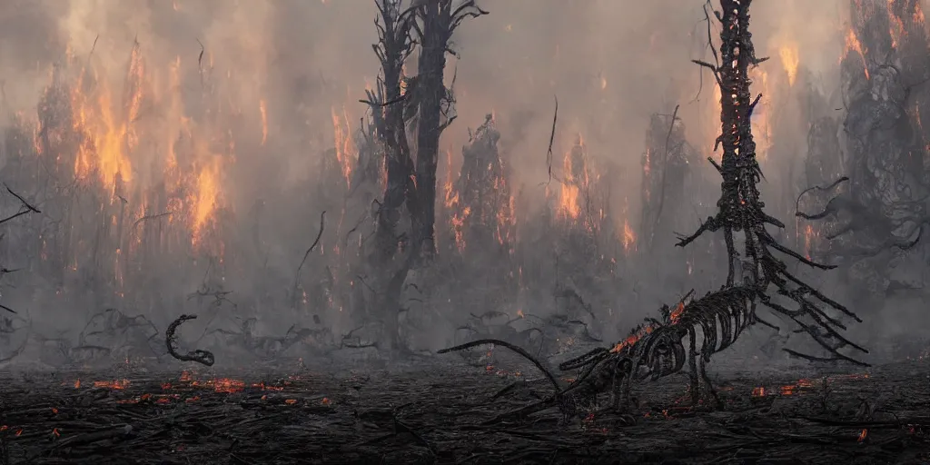 Image similar to distant shot of a 1 0 0 foot tall centipede, made of bones, trampling a burning forest, from skyrim, by makoto shinkai, hayao miyazaki, sakimichan