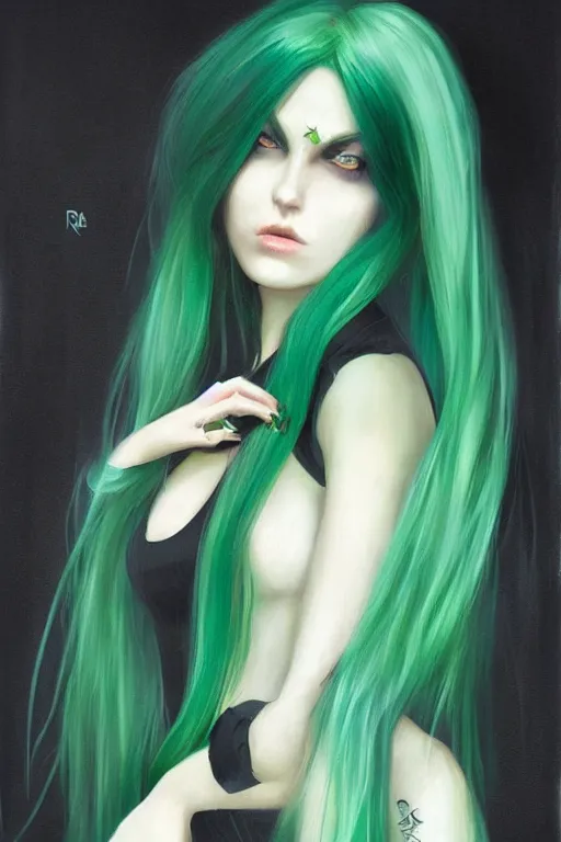 Prompt: woman with green hair wearing a black t - shirt with a cool design, by ross tran, oil on canvas