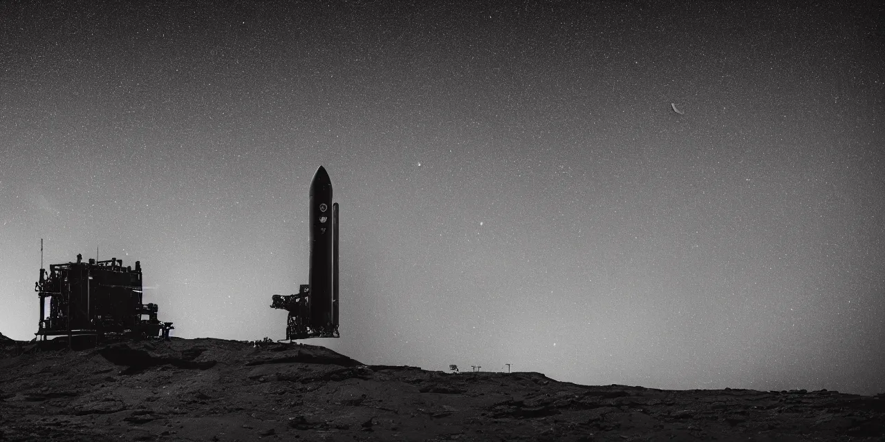 Prompt: 1 7 mm, black and white photo of a rocket landing on bright mars, black background with stars, cinematic film still, high contrast, astrophotography, 4 k