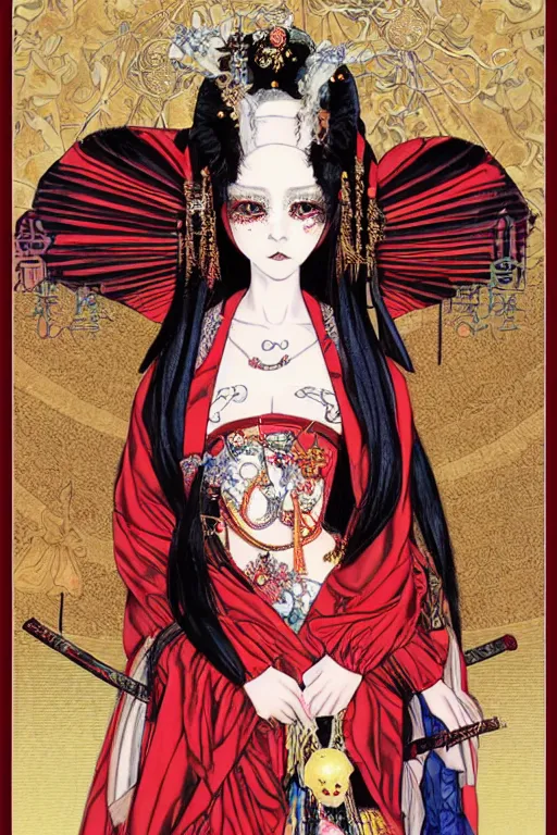 Image similar to thoth tarot card of an avant - garde japanese bjd geisha vampire queen in a victorian red dress in the style of dark - fantasy lolita fashion painted by yoshitaka amano, takato yamamoto, ayami kojima, dmt art, symmetrical vogue face portrait, intricate detail, artstation, cgsociety, artgerm, gold skulls, rococo