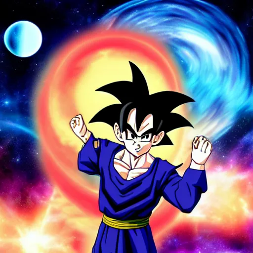 gohan from dragon ball z flying through galaxy, black