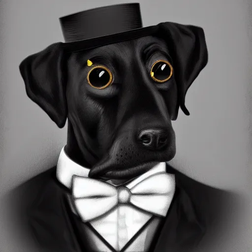 Image similar to portrait of a black dog wearing a suit and a top hat and a monocle on one eye, digital painting, duotone