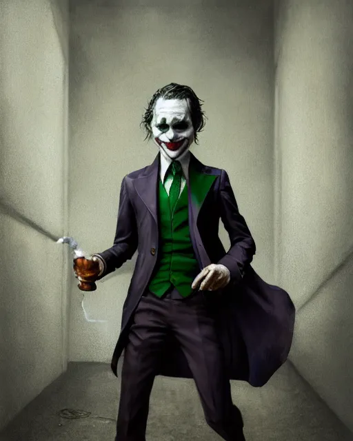 Prompt: oil painting of the joker holding a smoking pipe, detective clothes, close shot, full body, dark london alley background, sharp focus, fantasy style, octane render, volumetric lighting, 8k high definition, by greg rutkowski, highly detailed, trending on art Station, dungeons and dragons artwork, centered