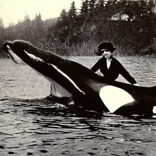 Image similar to Ellen G White riding a killer whale. Archival photo 1920. 4K