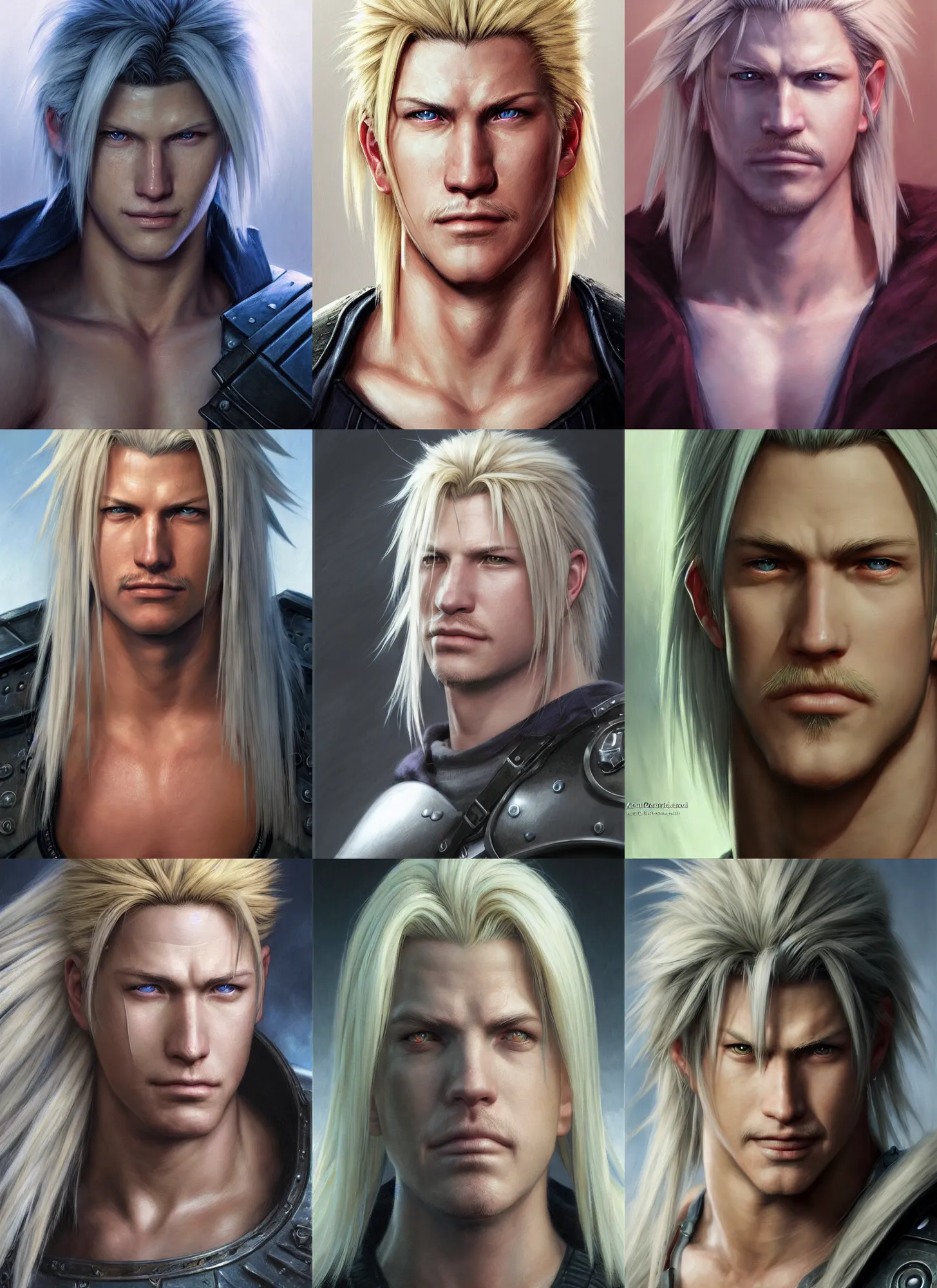 Prompt: a face portrait of cloud from final fantasy 7, serious, realistic, clean shaven face, style by donato giancola, wayne reynolds, jeff easley dramatic light, high detail, cinematic lighting, artstation, dungeons and dragons