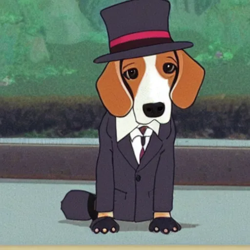 Prompt: a beagle wearing a business suit and fedora, studio ghibli
