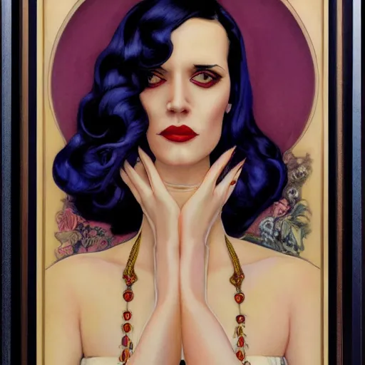 Prompt: a streamline moderne, art nouveau, multi - racial portrait of eva green in the style of charlie bowater, and in the style of donato giancola, and in the style of charles dulac. symmetry, ultrasharp focus, intricate symmetrical ultrafine streamline moderne background detail.