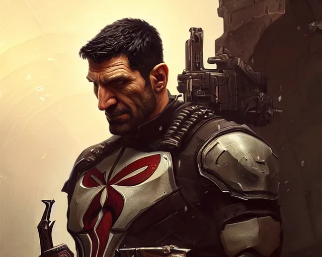 Prompt: a gaming screenshot still portrait of the punisher, deep focus, d & d, fantasy, intricate, elegant, highly detailed, digital painting, artstation, concept art, matte, sharp focus, illustration, dark fantasy style art, hearthstone, art by artgerm and greg rutkowski and alphonse mucha