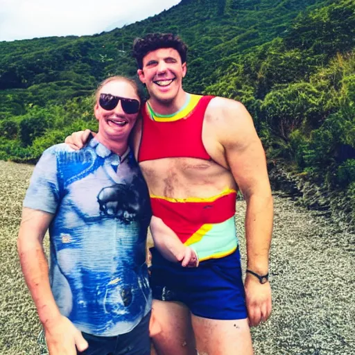 Prompt: polaroid of Homelander and Billy Butcher on holiday having a great time together