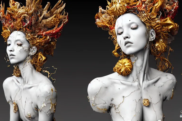 Image similar to Cinestill of A heartbreaking realistic 8k Bernini Sculpture of a stunning intricate cracked multicolored milky cosmic marble Evangelion Fallen Angel Devil Queen adorned in sentient mycelium mystical jewelry and ancient Empress crown and misty xparticles. by Yoshitaka Amano, Daytoner, Greg Tocchini, Scattered golden flakes, Hyperrealism. Subsurface scattering. Octane Render. Weirdcore, perfect face