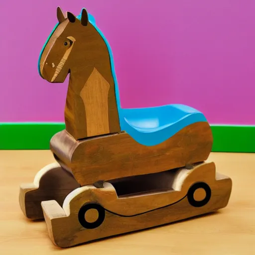 Image similar to the trojan horse inside of a rocking horse, toy for toddlers