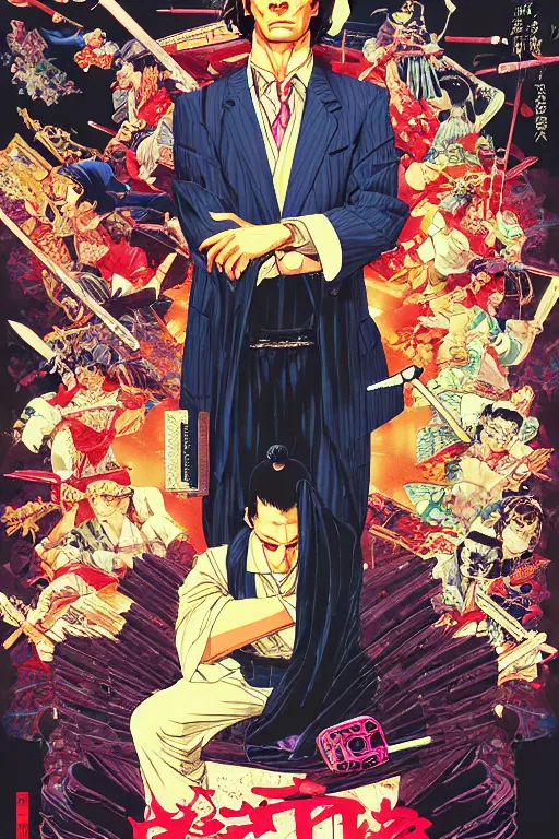 Prompt: poster of patrick bateman as a samurai, vaporwave aesthetic, by yoichi hatakenaka, masamune shirow, josan gonzales and dan mumford, ayami kojima, takato yamamoto, barclay shaw, karol bak, yukito kishiro