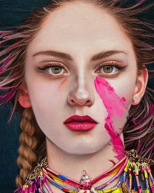 Image similar to a close up of beautiful cheerleader girl with pink lipstick wearing a multicoloured necklace surrounded by colourful intricate patterns, by caravaggio and michael whelan, intricate painting, hyper realistic, extremely detailed and beautiful aesthetic face, 8 k resolution