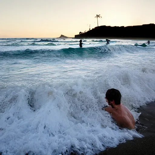 Prompt: Dawn. Crashing Surf. The waves TOSS a BEARDED MAN onto wet sand. He lies there.