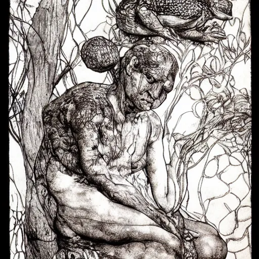 Image similar to toad philosopher The Thinker, swamp, by Auguste Rodin, by Irving Penn, illustrations by irish fairy tales james stephens arthur rackham, illustrations by Stephen Reid