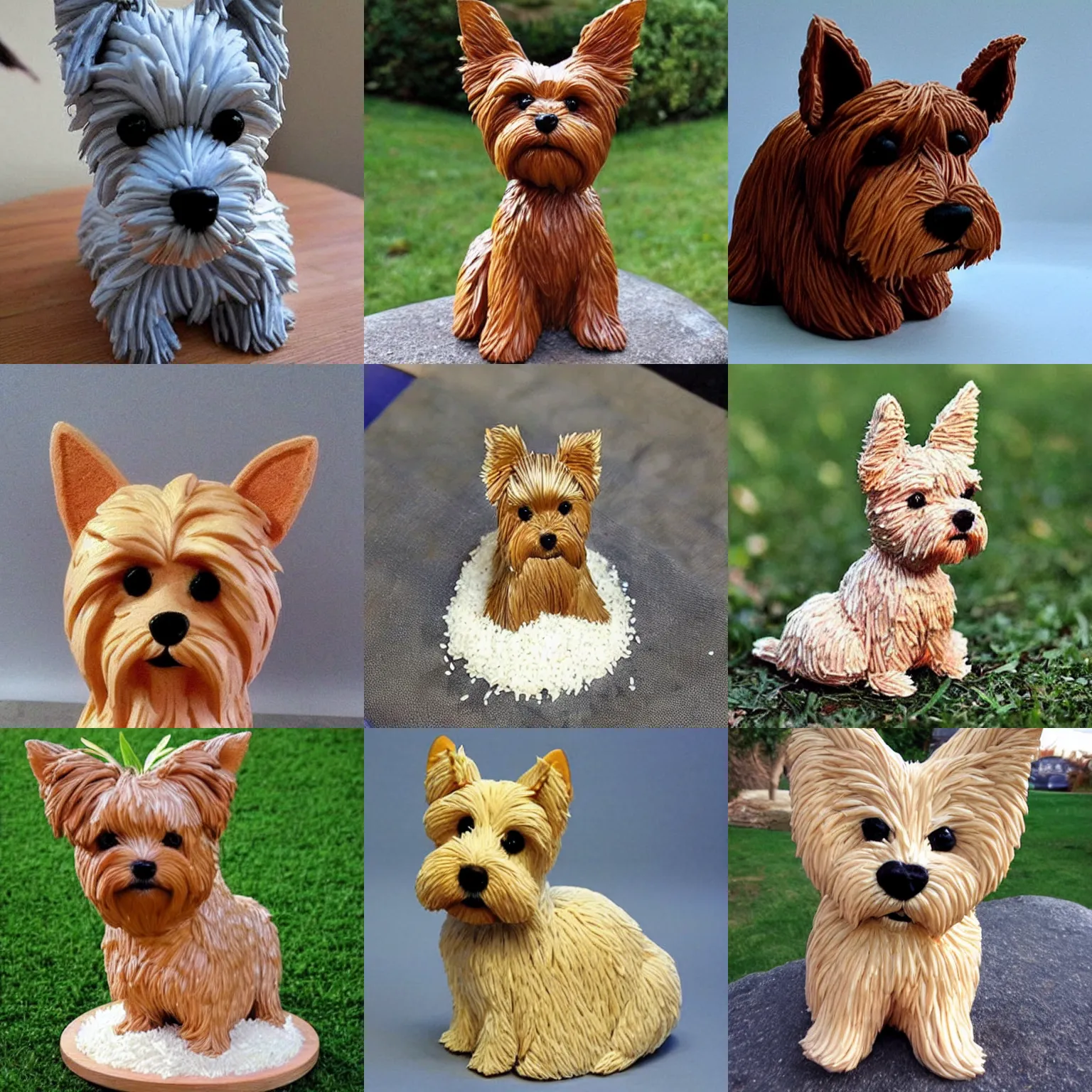 Prompt: a beautiful sculpture of a very cute yorkshire terrier made out of rice.
