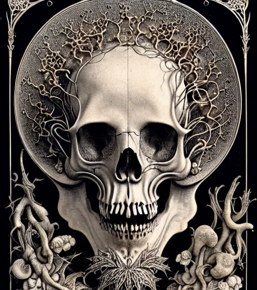 Image similar to art forms of nature by ernst haeckel, memento mori by arthur rackham, ornate antique porcelain beautiful skull mask, ultrasharp, photorealistic, hyperdetailed, octane render, polished, art nouveau, neo - gothic, gothic, intricate ornamental organic filigree, art nouveau botanicals, art forms of nature by ernst haeckel, horizontal symmetry, symbolist, visionary