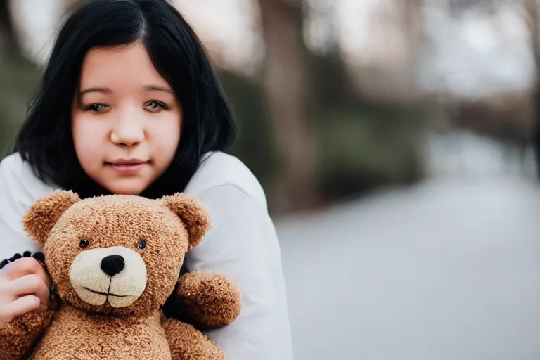 Prompt: canon, 30mm, bokeh, girl holding a teddy bear, snuggly, black hair