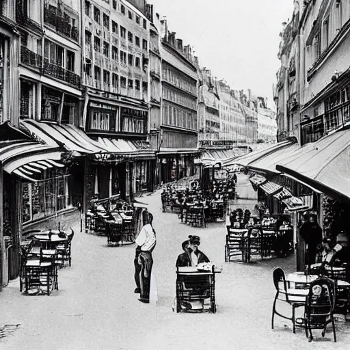 Prompt: une rue de paris vide avec des voitures garees, un restaurant avec une terrasse, des boutiques avec des neons, en debut de matinee en 1 8 1 9