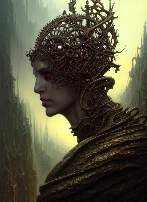 Prompt: portrait side profile shot of necromancer, a scenic dystopian environment, intricate, elegant, highly detailed, centered, digital painting, artstation, concept art, smooth, sharp focus, illustration, artgerm, tomasz alen kopera, peter mohrbacher, donato giancola, joseph christian leyendecker, wlop, boris vallejo