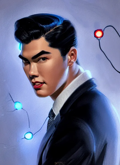 Image similar to portrait of reggie mantle, mean smirk, egotistical, slicked back hair, 1 9 5 0 s, intricate, elegant, glowing lights, highly detailed, digital painting, artstation, concept art, smooth, sharp focus, illustration, art by wlop, mars ravelo and greg rutkowski