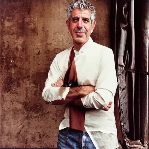 Image similar to promotional vogue studio portrait photo of Anthony Bourdain by Annie Leibovitz, 50mm, pentax, film