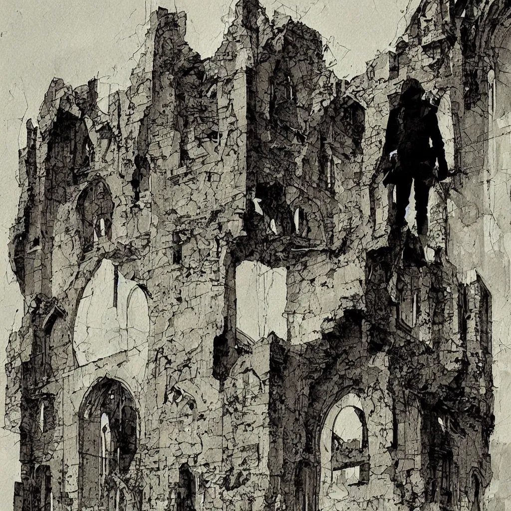 Image similar to lone soldier standing in front of a crumbling ruined church by bill sienkiewicz