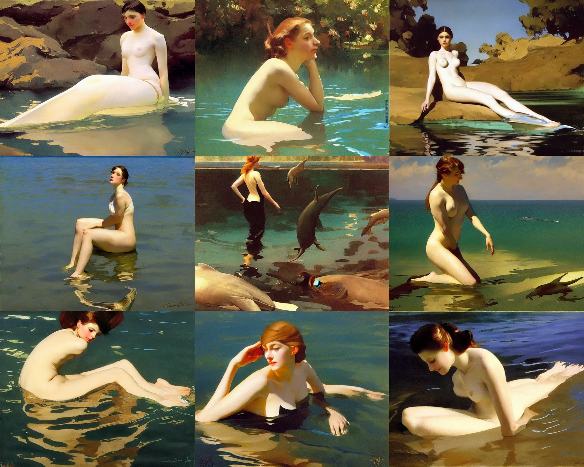 Prompt: painting by sargent and leyendecker and greg hildebrandt savrasov levitan beautiful young woman swims with dolphin