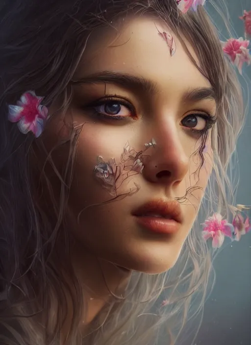 Prompt: beautiful, young woman, extremely detailed gorgeous face, looks realistic, hyper-detailed portrait, sad eyes tears, vaporwave aesthetic, synthwave, magical, fantasy, flowers, artist Artgerm and Greg Rutkowski and WLOP