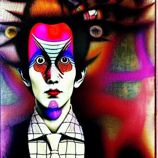 Prompt: yoshitaka amano blurred and dreamy realistic three quarter angle portrait of a aladdin sane with black lipstick and black eyes wearing dress suit with tie, junji ito abstract patterns in the background, satoshi kon anime, noisy film grain effect, highly detailed, renaissance oil painting, weird portrait angle, blurred lost edges