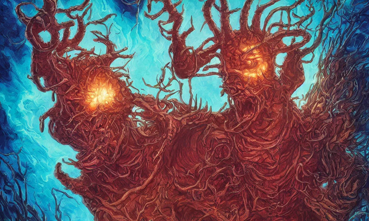 Image similar to demigorgon from stranger things in magic : the gathering card art. high saturation painting in the style of rebecca guay.