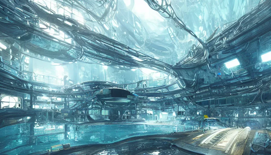 Prompt: underwater crowded cloning facility build under metallic dome, machines, technologies, machines, experience, giant building, hyperdetailed, artstation, cgsociety, 8 k