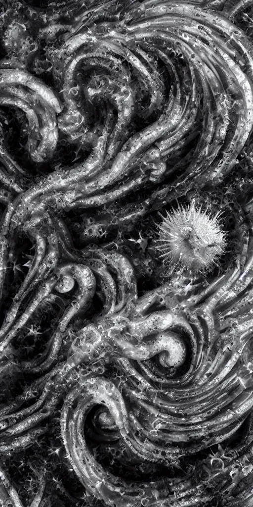 Prompt: a photorealistic render of a spiky mollusk, greyscale, made of melted plastic and marble, c 4 d, by zhelong xu and ernst haeckel, wide angle, hyper realistic, plain black background, 8 k, volumetric lightning, octane render