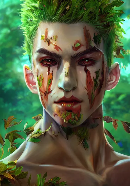 Prompt: A realistic anime portrait of a handsome dryad clown with glowing green eyes and tree bark skin wearing clothes made of leaves, digital painting, by Stanley Artgerm Lau, Sakimichan, WLOP and Rossdraws, digtial painting, trending on ArtStation, SFW version