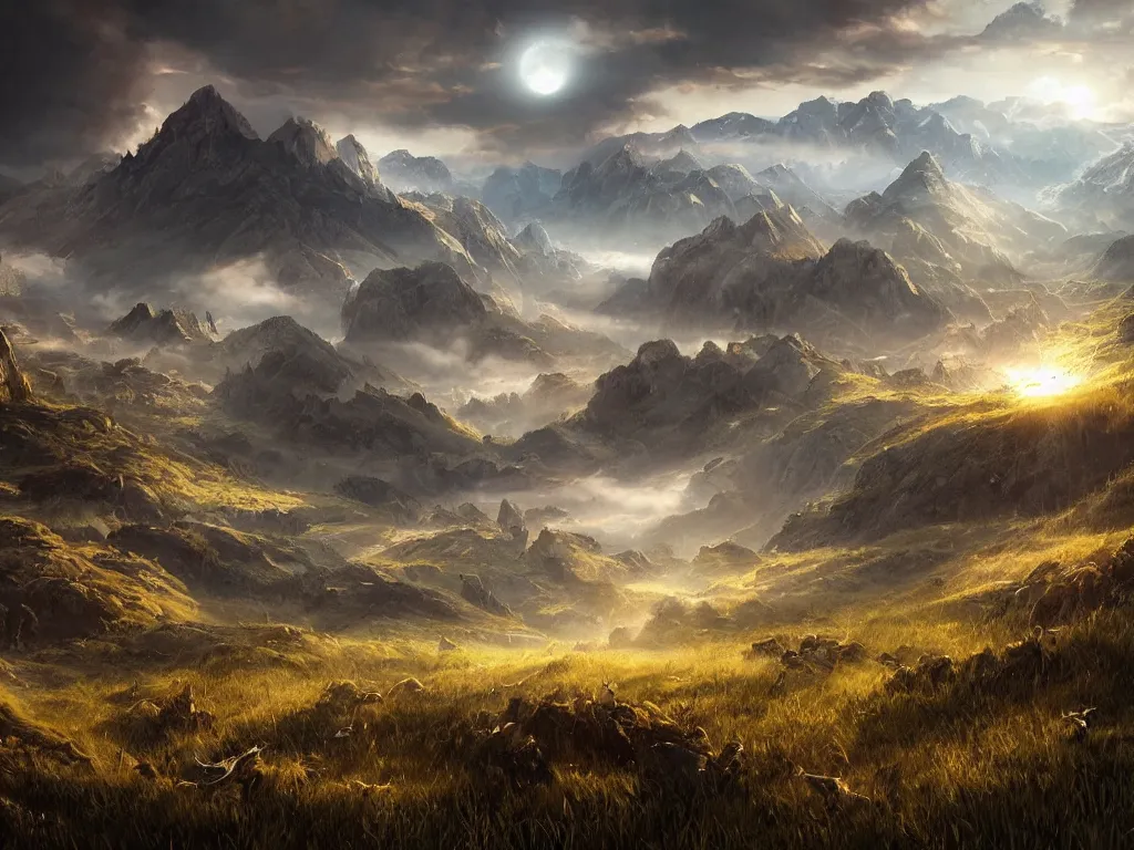 Prompt: a cinematic landscape view looking at an open field, cyberpunk wildlife, mountains in the distance with a river running down, the sun shines through the parted clouds, digital painting, fantasy, art by alexandre mahboubi and christophe oliver