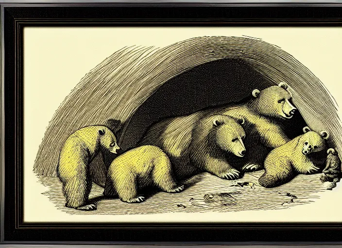 Image similar to Pieter Claesz's 'a bear and her cubs sleeping in a dark cave, lit by hole in roof', night time, cross hatching, framed, monochrome, yellow