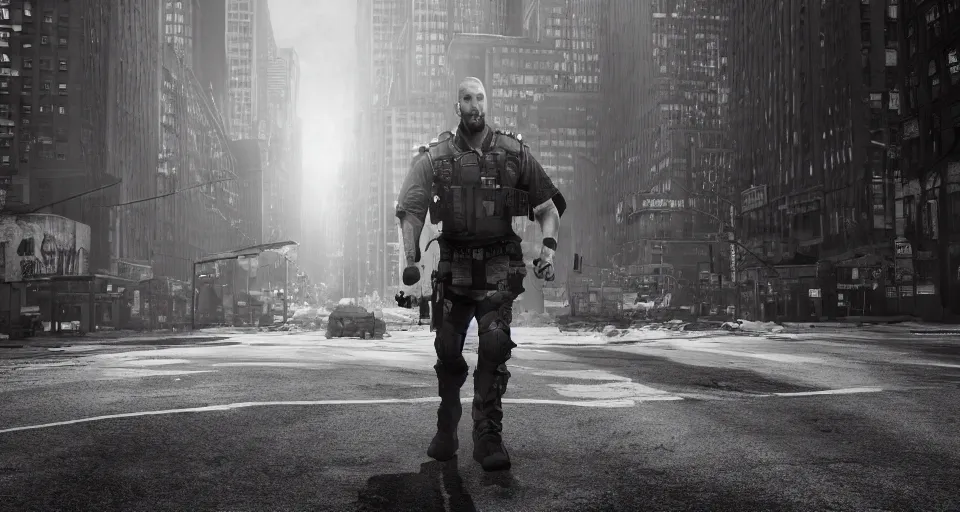 Prompt: the german shepherd of i am legend in new york, manga style, octane render, unreal engine, sundown, empty streets